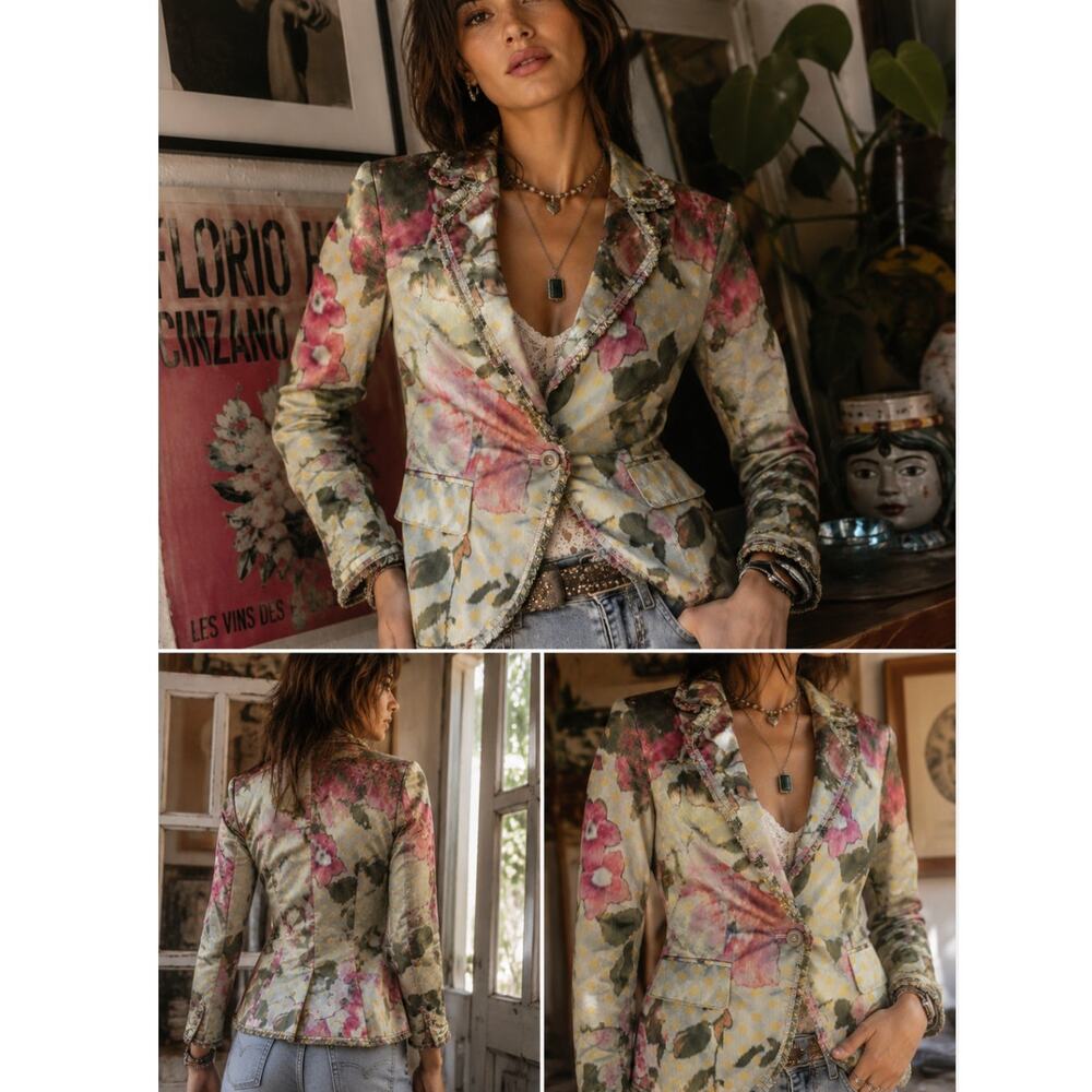 Peruvian Connection Floral Taffeta Blazer Jacket Raw Edge Eclectic Polka Dot 4